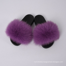 Real Fox Fur Mule Slippers Women Fashion Flat Beach Vacation Fluffy Slide Slippers